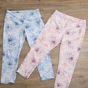 Woman's Jockey Floral Workout Leggings Lot Of 2 Pink Blue High Waist Yoga Pant